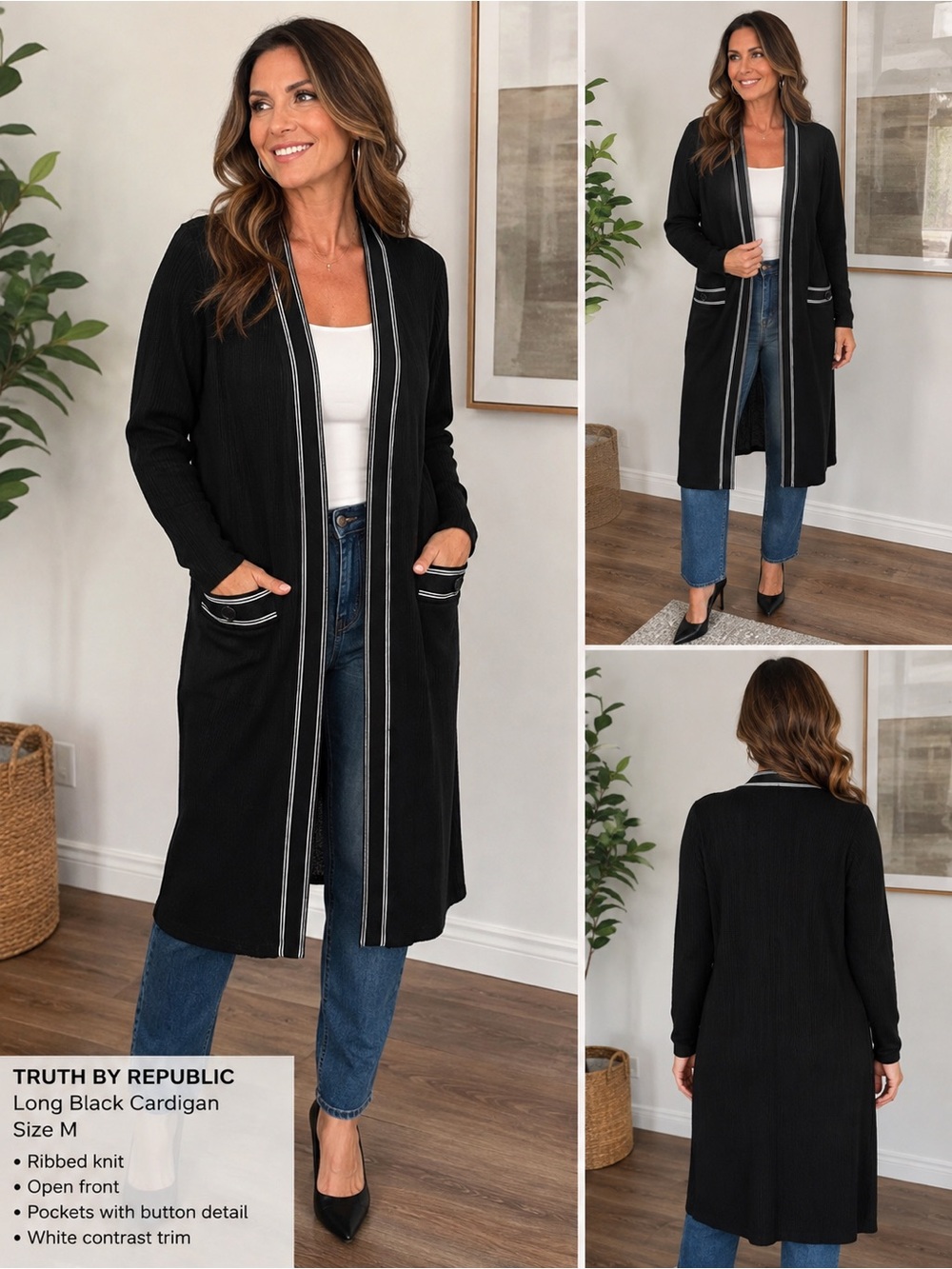 Truth Black Long Open Cardigan with White Trim